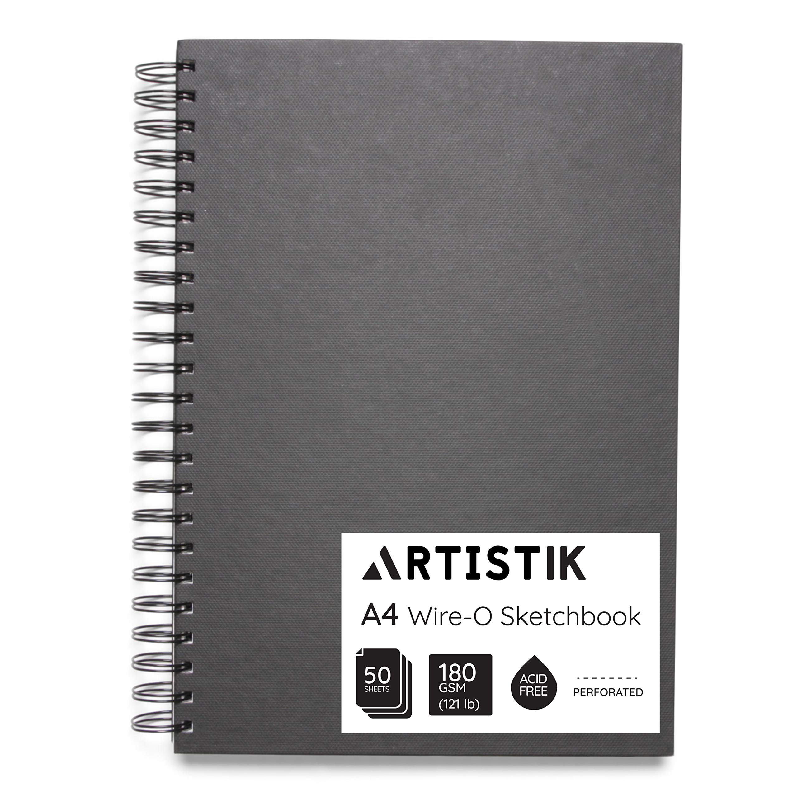 A4 Sketchbook - 100 Pages (50 Sheets) Wire-O Portrait Drawing Pad for Heavy Mixed Media with Perforated 180gsm Acid-Free Cartridge Paper and Cloth Cover Sketch Book