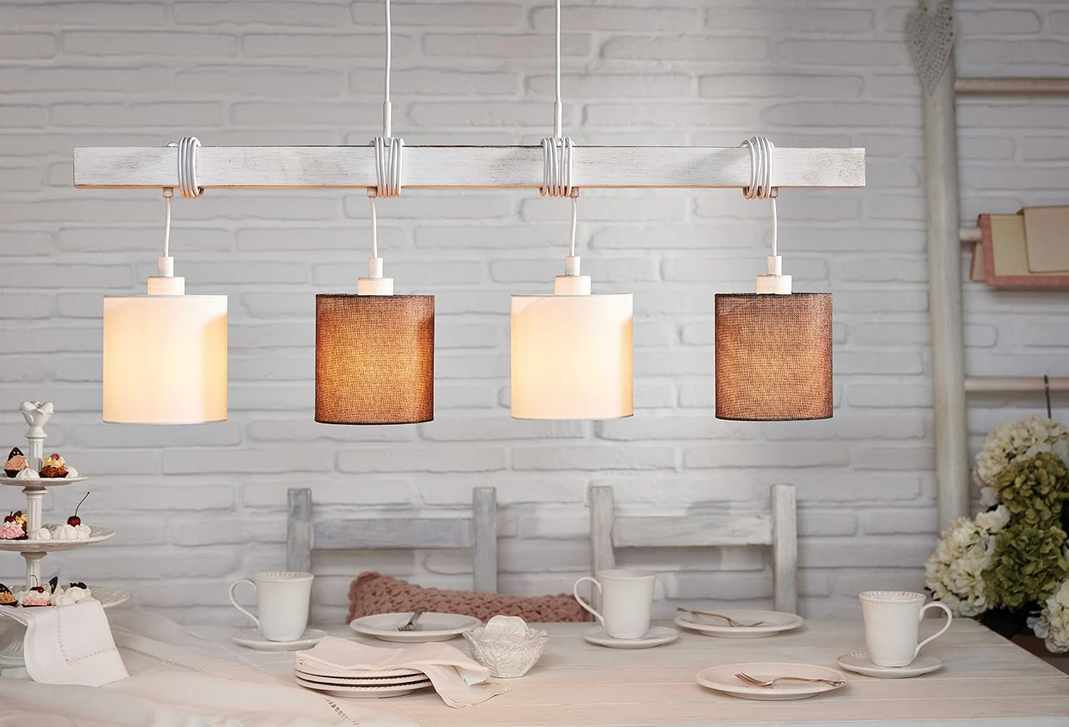 Eglo Pendant Light Townshend 2, 4-Light Hanging Lamp Vintage, Pendant Lamp Wood, Steel in White Patina and Textile - Image 4