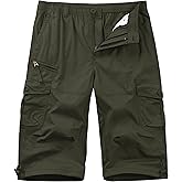 Cotrasen Men's Cargo Shorts Cotton Casual Below Knee Long Shorts Twill Elastic 3/4 Capri Pants with 7 Pockets