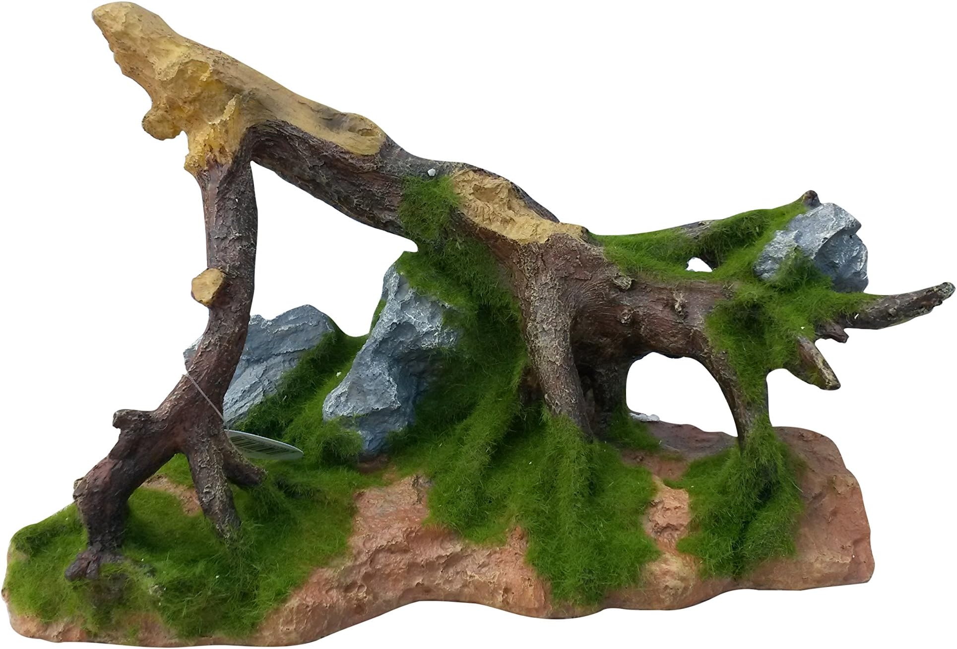 Large Artificial Tree Root Branch & Rocks with Moss Aquarium Fish Tank Ornament 31cm Long | Artificial Resin Ornament Safe for Fish, Turtles & Reptiles Aquascape Decor