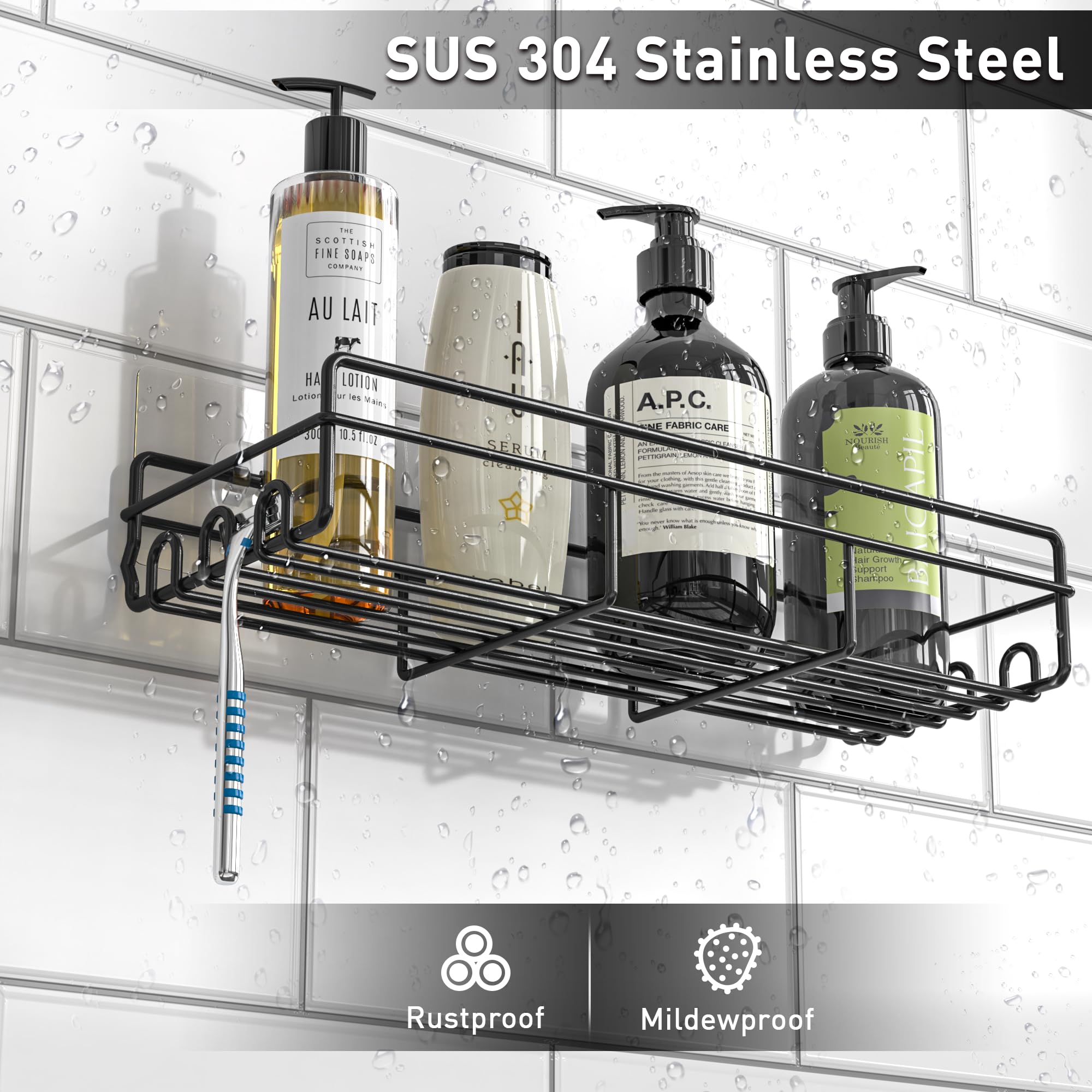 Moforoco 3-Pack Shower Caddy Basket Shelf with Soap Holder, No Drilling Traceless Adhesive Shower Wall Shelves, Rustproof Black Bathroom Shower Storage Organizer