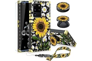 KANGHAR Designed for Samsung Galaxy S20 Ultra Case Sunflower with Screen Protector Lanyard Strap Ring Holder Kickstand for Women Girls Flower Floral Daisy Square Finger Grip Stand Phone Bumper