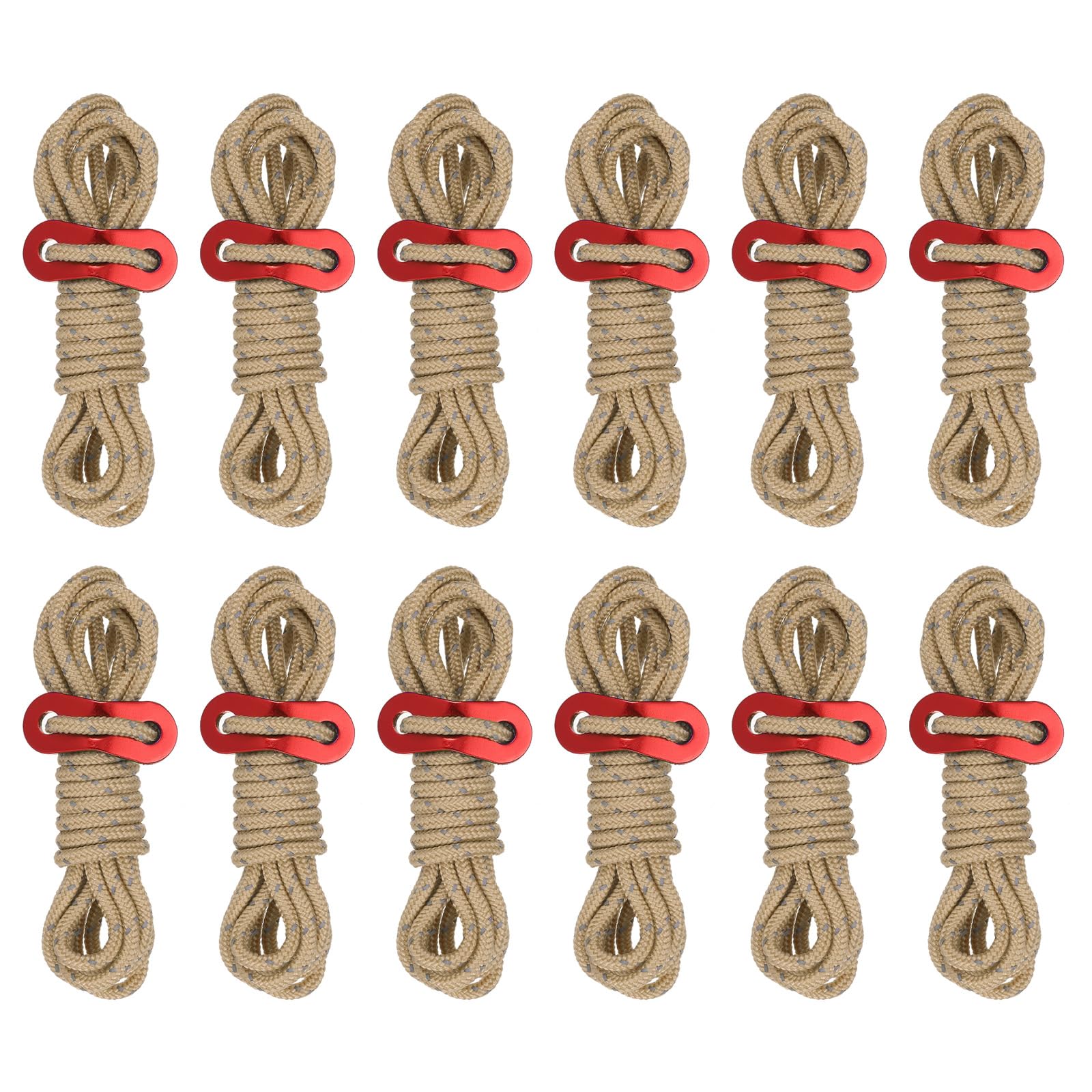 PATIKIL 4mm Tent Rope, 12 Pack 6.5ft Reflective Guyline Cord Tied Downs Rope Paracord Cord Camping Ropes with Red Aluminum Cord Adjusters for Camping Hiking Tent, Tan