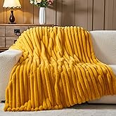 NEWCOSPLAY Faux Fur Throw Blanket Mustard Yellow 3D Ribbed Plush Thick Warm Blanket for Couch Sofa Bed 850GSM (Mustard Yellow Ribbed, Throw(50"x60"))