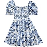 Floerns Women's Floral Puff Short Sleeve A Line Dress Ruffle Hem Boho Dresses