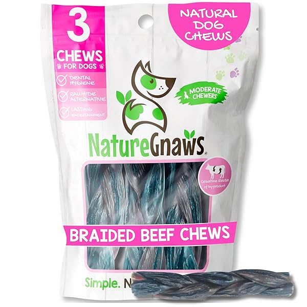 NATURE GNAWS BRAIDED BEEF CHEWS FOR DOGS 5-6″ (3 COUNT) – LONG LASTING FOR SMALL AND MEDIUM DOGS – NATURAL BEEF GULLET JERKY DOG CHEW TREATS