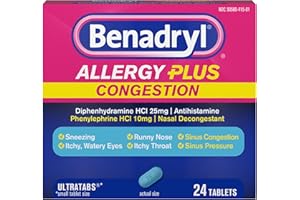 Benadryl Allergy Plus Congestion Ultratabs, Medicine with Diphenhydramine HCl Antihistamine & Phenylephrine HCl Nasal Decongestant, Allergy & Sinus Congestion Relief Tablets, 24 ct