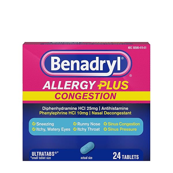 BENADRYL ALLERGY PLUS CONGESTION ULTRATABS, MEDICINE WITH DIPHENHYDRAMINE HCL ANTIHISTAMINE & PHENYLEPHRINE HCL NASAL DECONGESTANT, SINUS CONGESTION RELIEF TABLETS, 24 CT