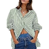 Besshopie Womens Button Down Shirts Stripe Long Sleeve Blouse Casual Work Office Shirt Oversize Tops