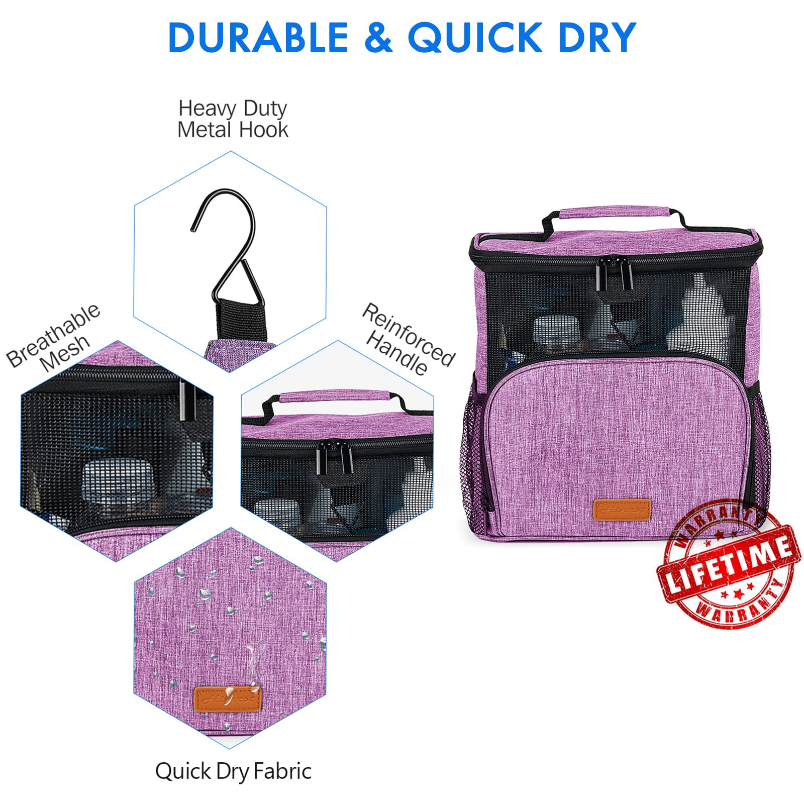 Hanging Toiletry Bag, Shower Caddy Tote Bag (Updated Version, Full Size Bottle Compatible), Bath Organizer for College Dorms, Gym, Camp, Women Men, with Funny Luggage Tag