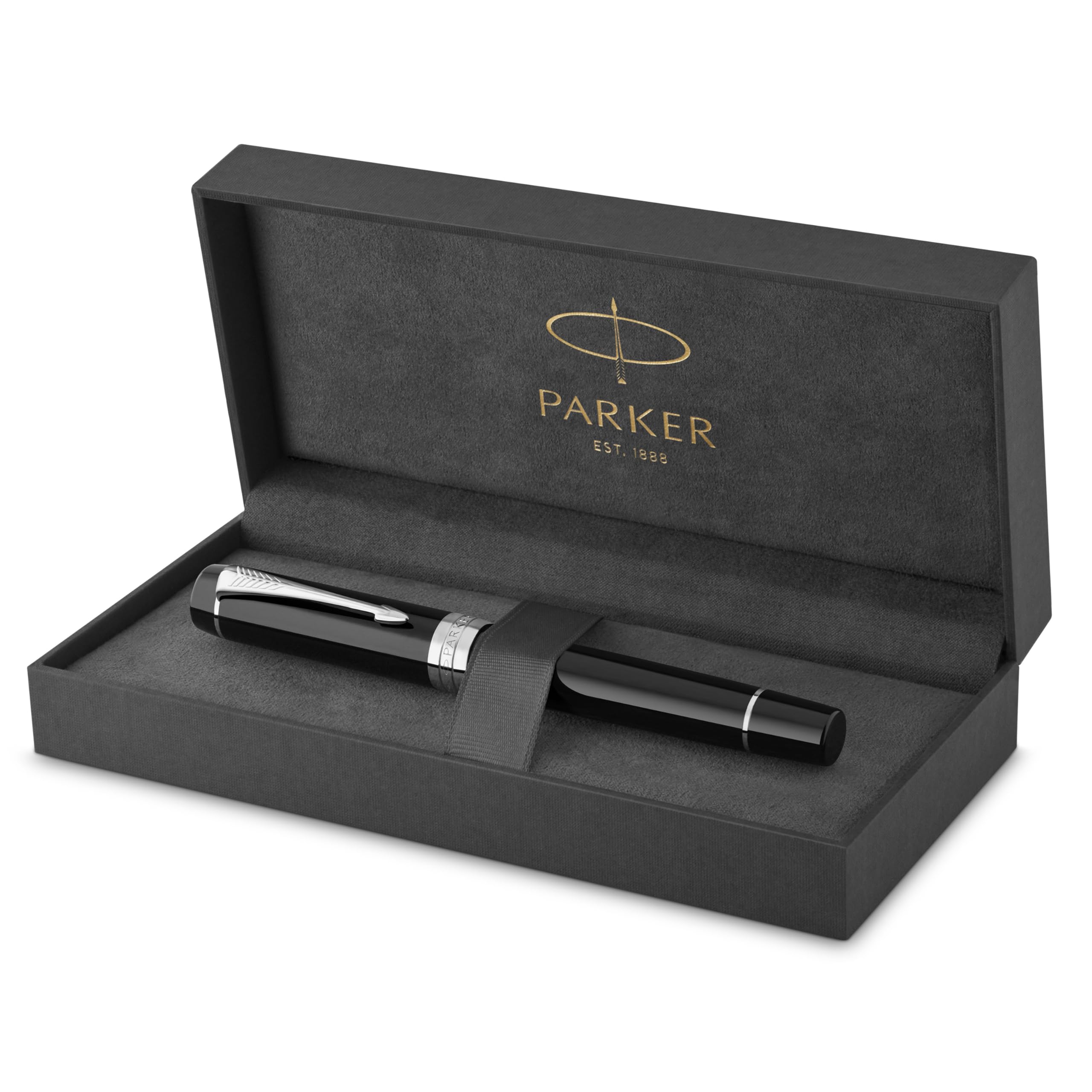 Parker Duofold Centennial Fountain Pen | Classic Black with Palladium Trim | Fine Solid Gold Nib | Black Ink and Convertor | Premium Gift Box