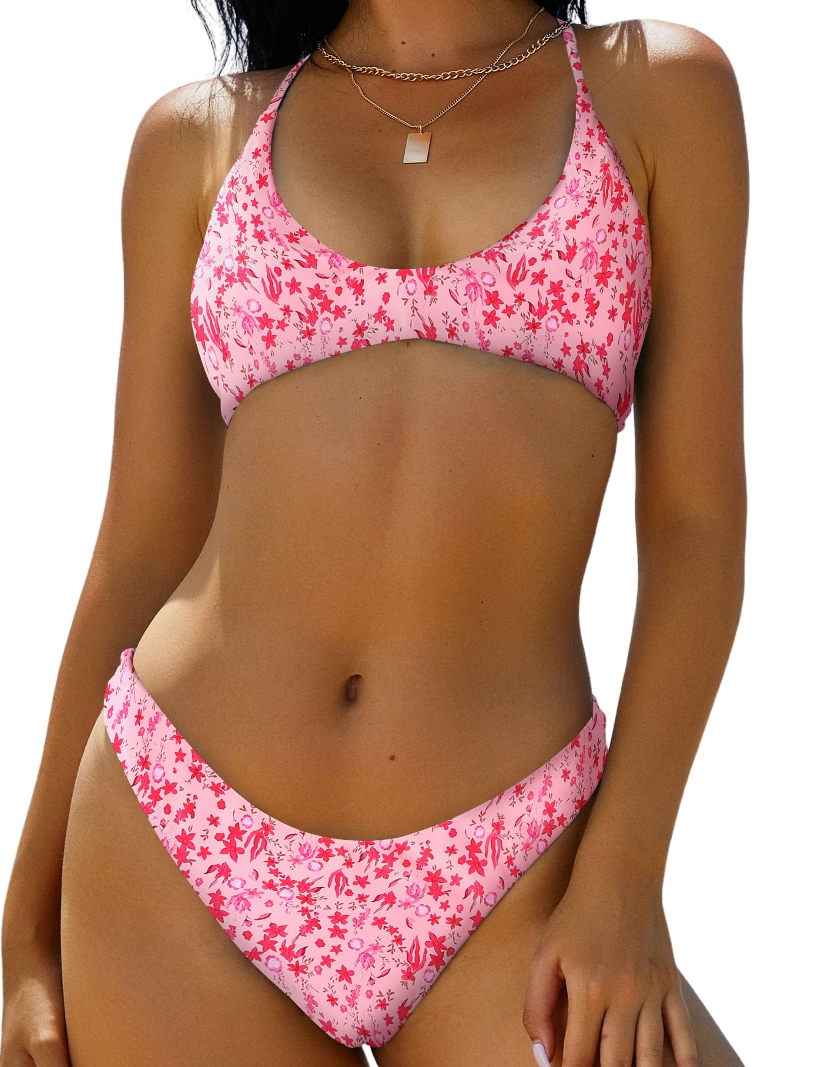 Photo 1 of ZAFUL Women's Tie Back Padded High Cut Bralette Bikini Set Two Piece Swimsuit (1-Floral Light Pink, M)