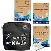 Travel Laundry Detergent Sheets and Travel Laundry Bag – Laundry Detergent Sheets 60-Count for Hand Wash or Machine Wash, Dirty Clothes Foldable Laundry Bag for Hotels, Cruises & Suitcases