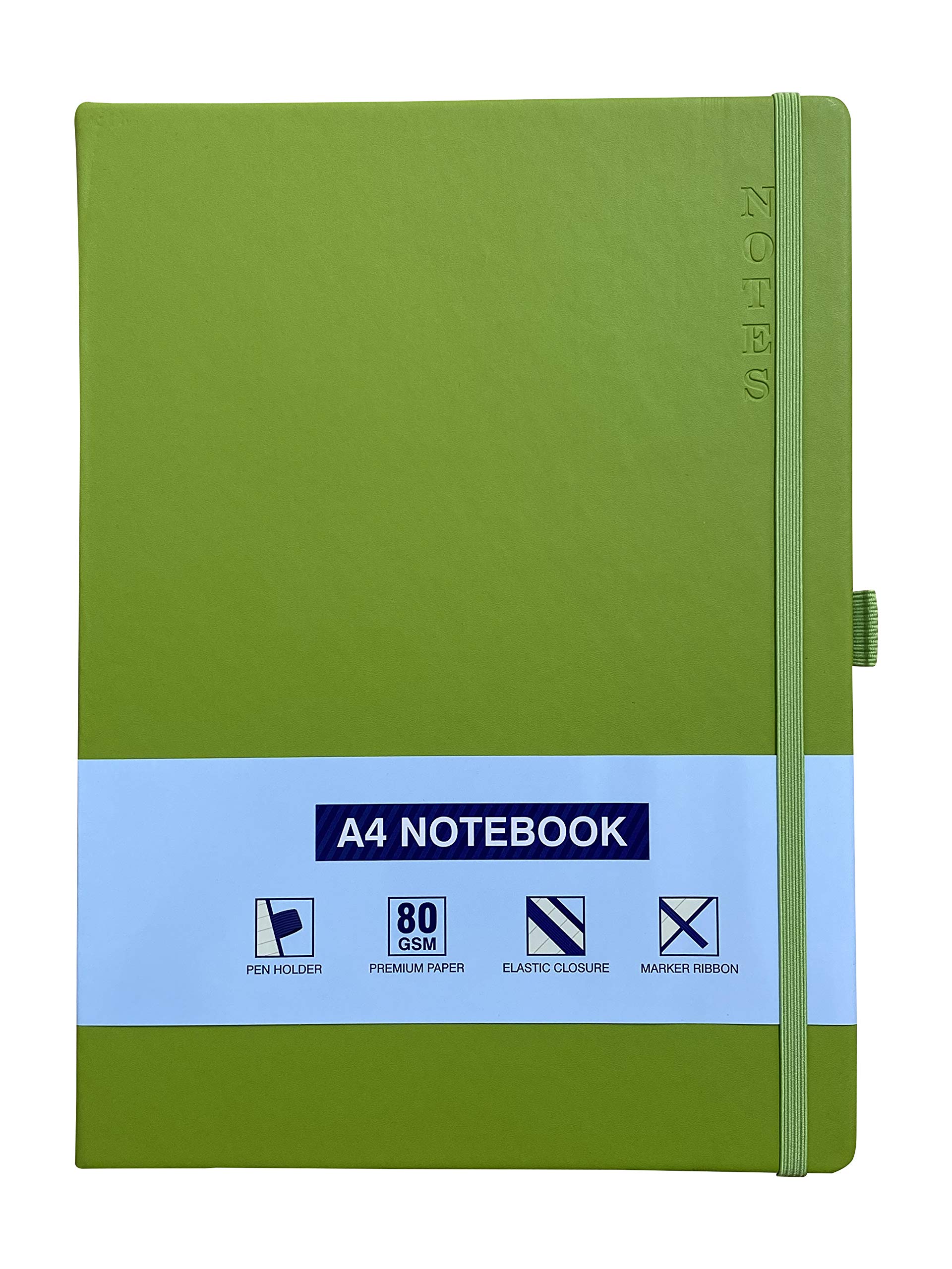 A4 Notebook Hardback Ruled Notepad Notes Lined Journal Diary with Pen Holder Premium Quality Casebound Book (Green)