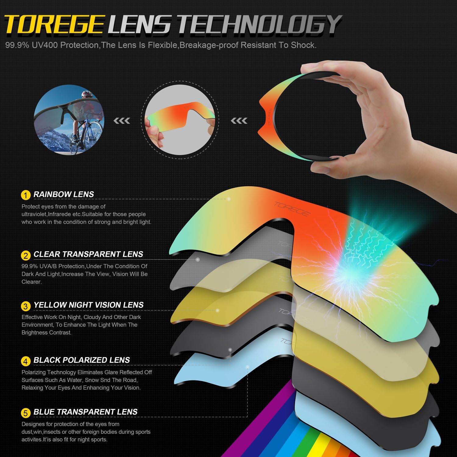 Torege Polarized Sports Sunglasses With 3 Interchangeable Lenes for Men Women Cycling Running Driving Fishing Golf Baseball Glasses TR002 Upgrade(Black&Black Tips&Rainbow Lens): Clothing