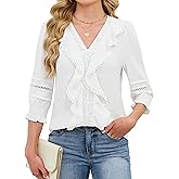 Funlingo 3/4 Length Sleeve Womens Tops Ruffle V Neck Blouses for Women Dressy Casual Lace Crochet Shirts with Smocked Cuffs