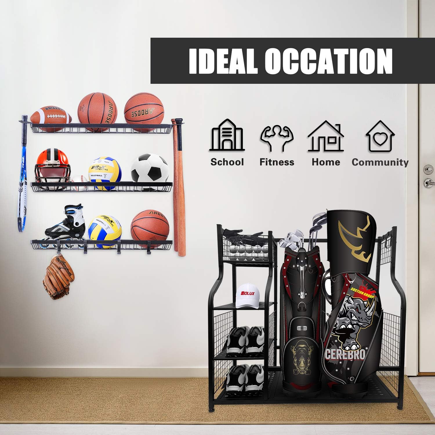 Mythinglogic Sports Equipment Storage Rack,Wall Mount Ball Rack Garage Organizer, 3 Separate Ball Storage Rack for Basketball, with Hooks: Sports & Outdoors
