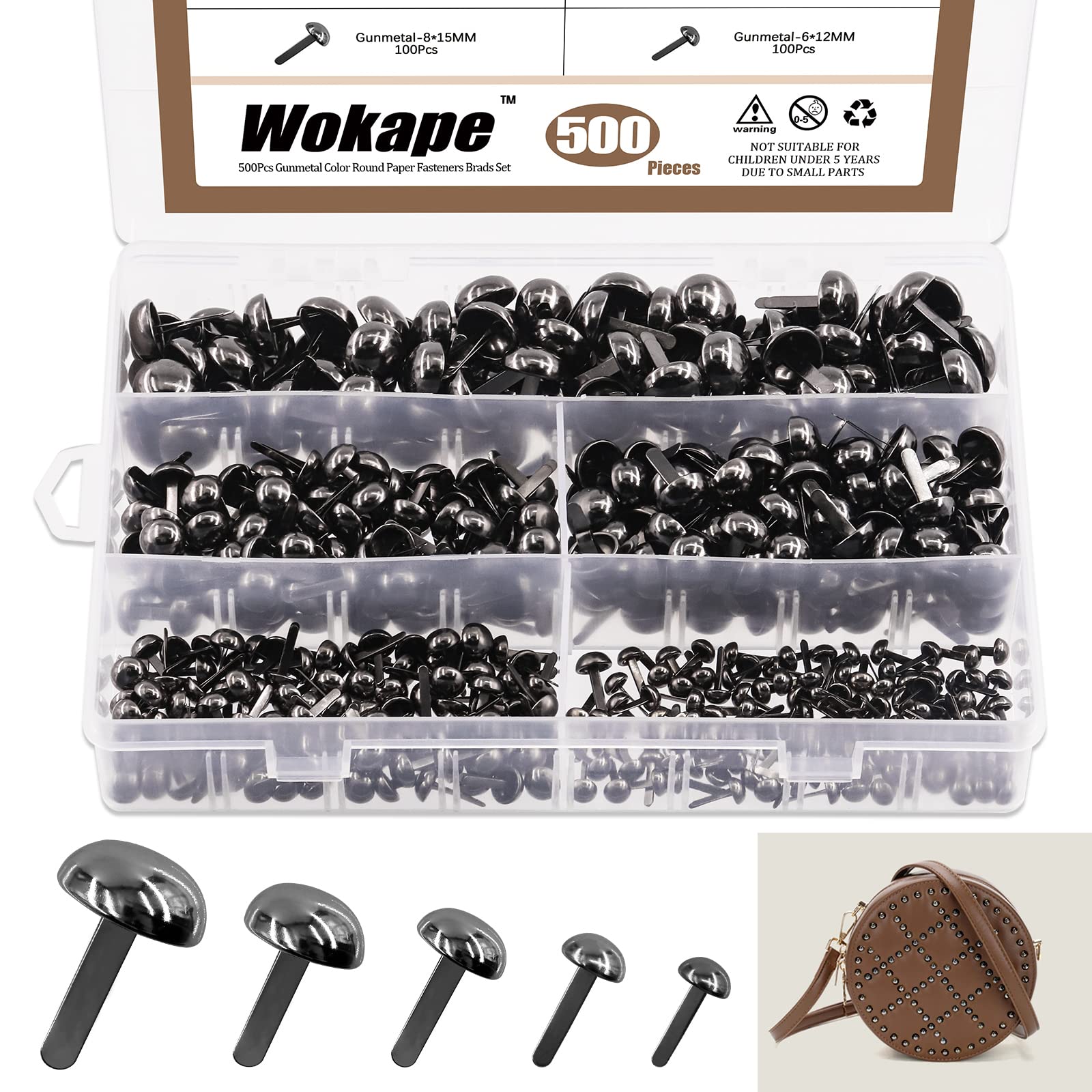 Wokape Paper Fasteners Brads Round Fasteners (Gun Black) - 500Pcs Gun-Black 5 Sizes Mushroom Head Round Paper Fasteners Metal Brads Decorative Brads for School Office Crafts Making DIY Project