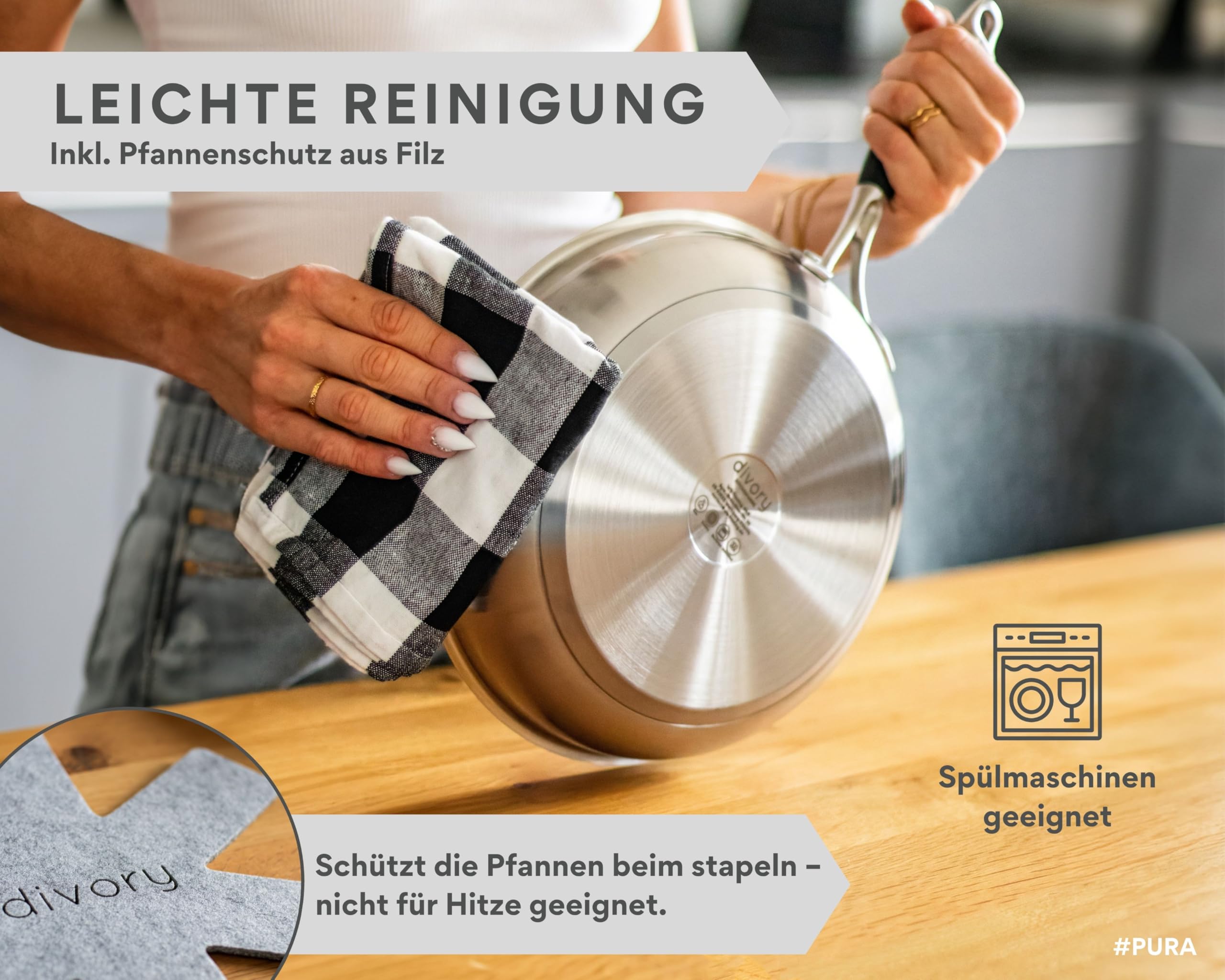 DIVORY Edelstahlpfannen Set 20, 24, 28 cm – Unbeschichtete Pfannen ohne PTFE & PFOA, Bratpfannen Edelstahl für Induktion & alle Herdarten, Pfannenset für Röstaromen – Stainless steel frying pan (PURA) 5
