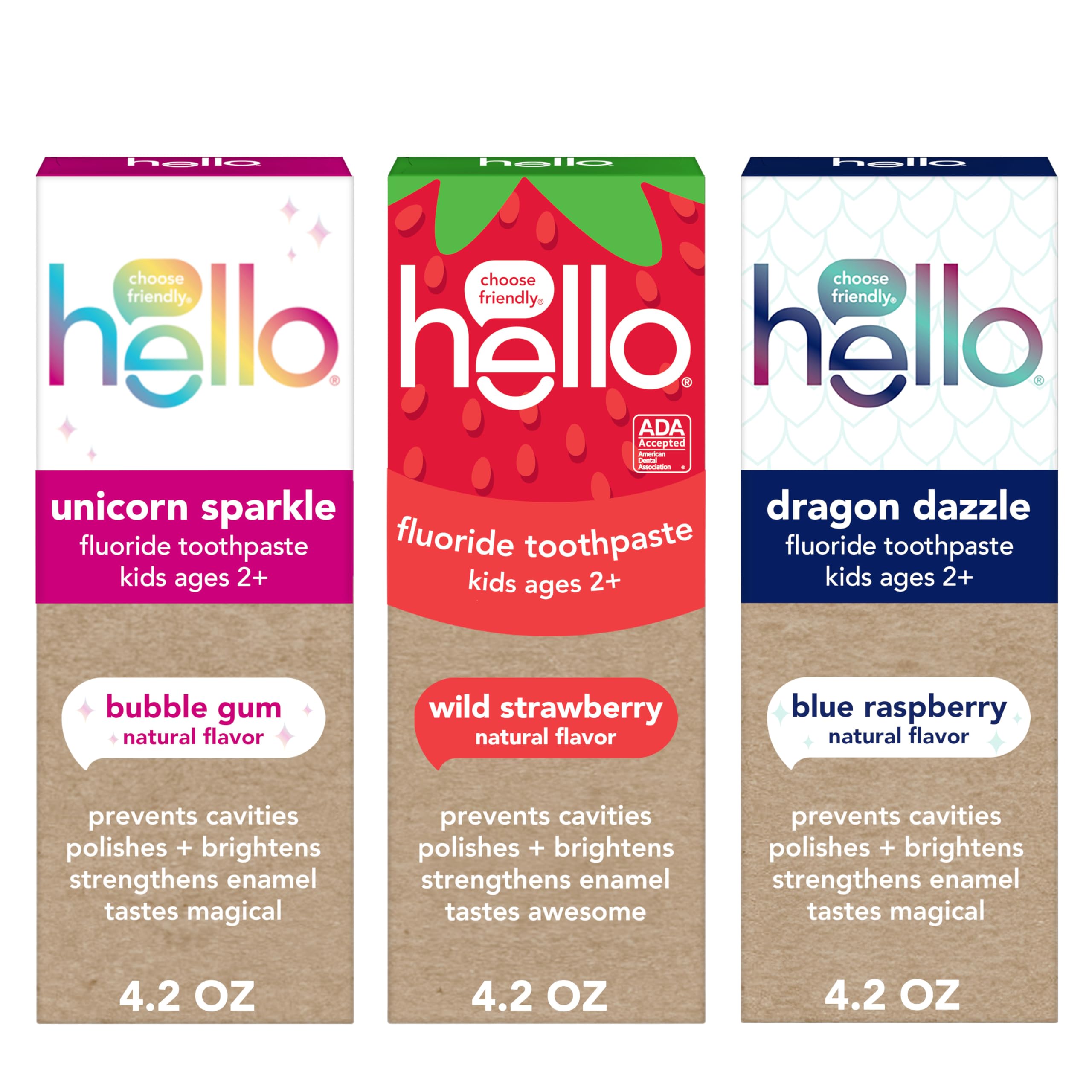 Photo 1 of **2 pcs**hello Kids Fluoride Toothpaste Variety Pack, Includes a Strawberry, Unicorn Bubble Gum, and Blue Raspberry Toothpaste, Safe for Ages 2 and Up, 3 Pack, 4.2 Oz Each
