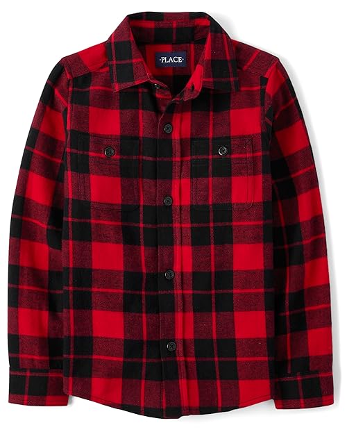 The Children's Place Boys' Long Sleeve Flannel Button Up Shirt, Red Buffalo Plaid, X-Large