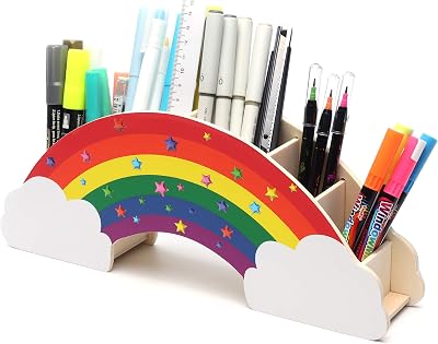 EXERZ Rainbow Pencil Holder 6 Compartment Desk Organiser with 50 Star Stickers