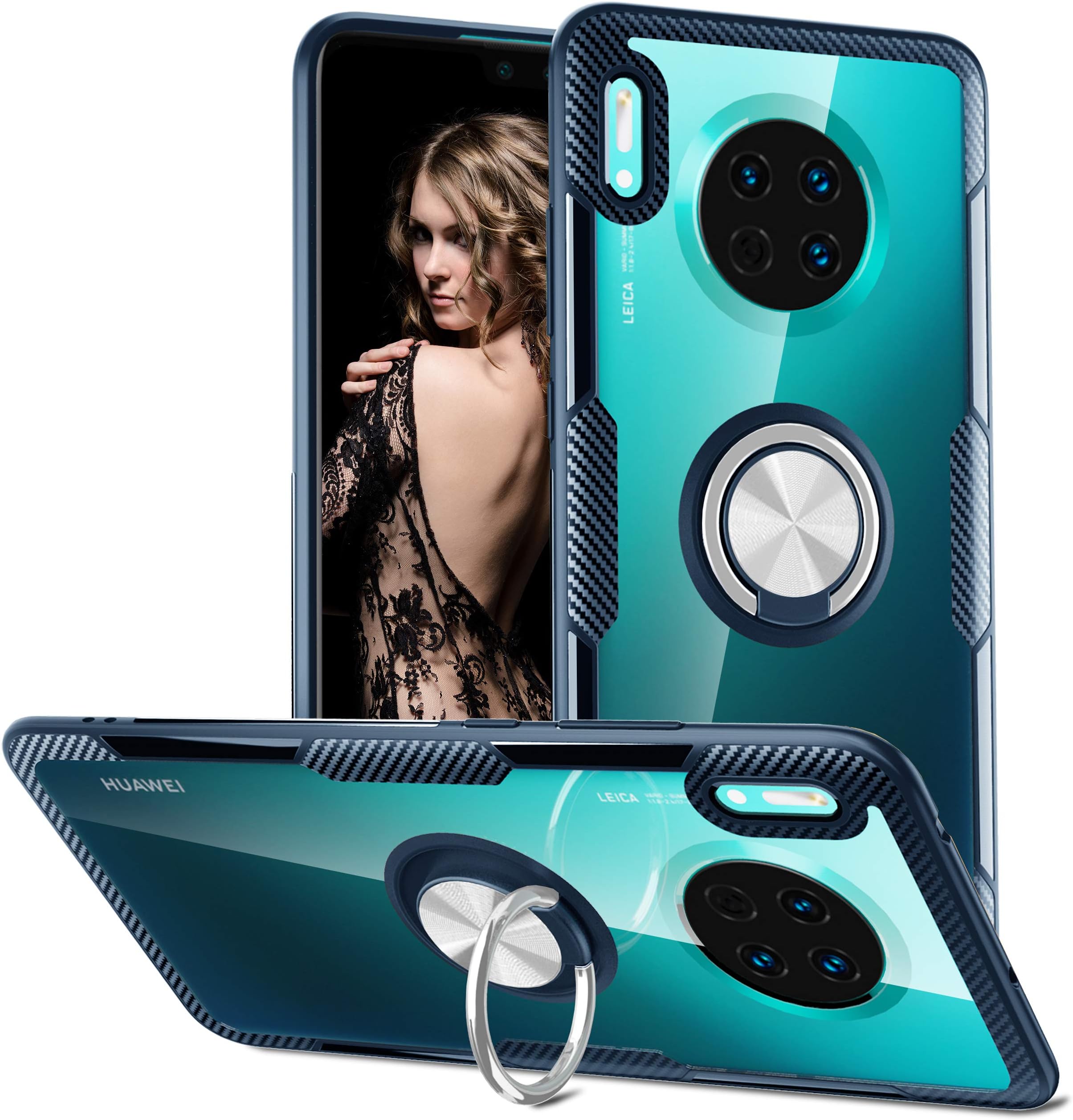 Qseel for Huawei Mate 30 Clear Ring Armor Case, One-Piece Shockproof Cover Hybrid Defender Combined with High-Density TPU Rim, Hard Crystal PC Panel and Built-in Ring Holder (Mate 30, Navy)