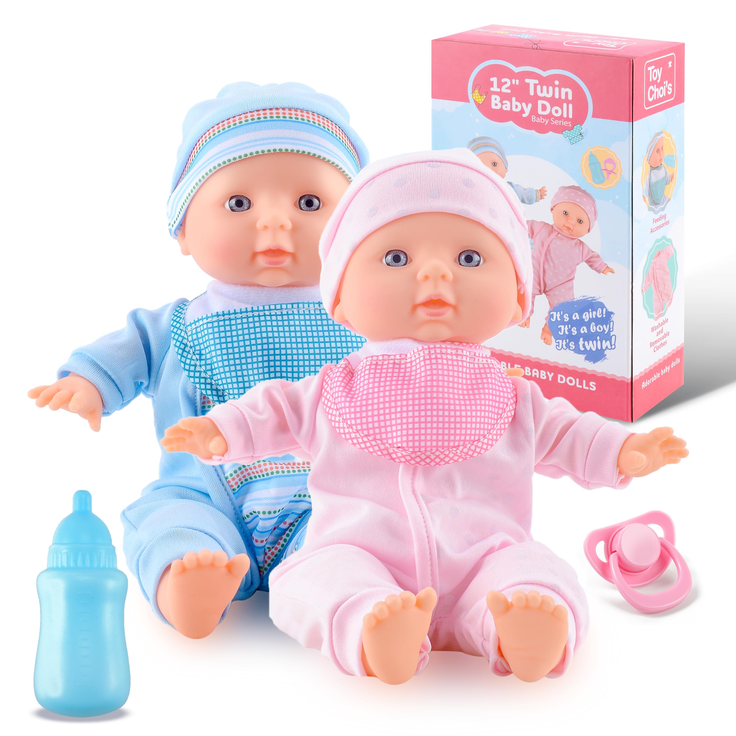 Toy Choi's Twin Baby Doll Set - 12" Soft Body Pink & Blue Baby Dolls with Rompers and Hat Pacifier and Doll Bibs, Preschool Toy Gift for Toddler and Kids