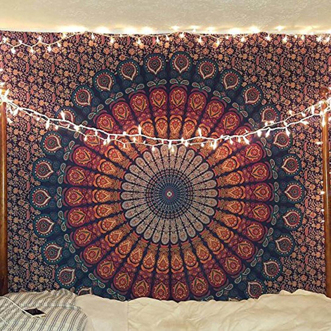 raajsee Blue Orange Tapestry Mandala Wall Hangings, Indian cotton Beach Throw Blanket, Hippie Tapestries Boho Décor, Yoga Meditation Mat Rugs Twin Bedspread, Medium (52x60 Inches / 132x152 Cms)