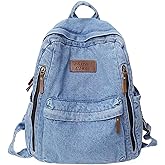 KAOBIO Denim Backpack for Women Men Vintage Grunge Backpack Blue Jeans Laptop Backpack Retro Rucksack for Travel Work (Blue,One Size)