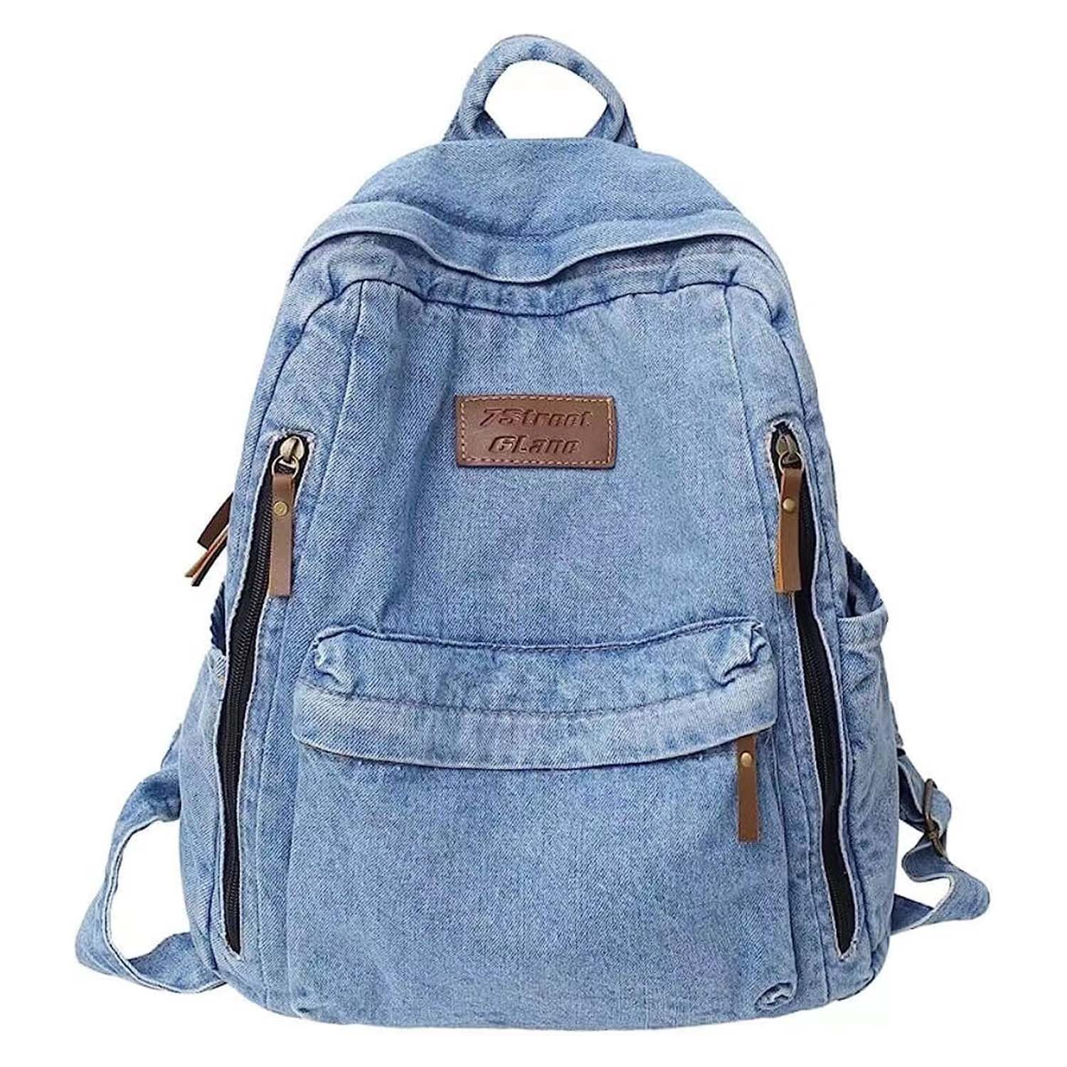 Photo 1 of KAOBIO Denim Backpack for Women Men Vintage Grunge Backpack Blue Jeans Laptop Backpack Retro Rucksack for Travel Work (Blue,One Size)