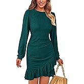 PRETTYGARDEN Women's Spring Fall Ruched Bodycon Mini Dress Long Puff Sleeve Ruffle Fitted Cocktail Party Dresses
