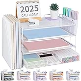 OPNICE Desk Organizer, 4-Tier Desktop File Organizer with Drawer and 2 Pen Holders, Office Desk Accessories, File Sorters, Workspace Organizers for Office Supplies(White)