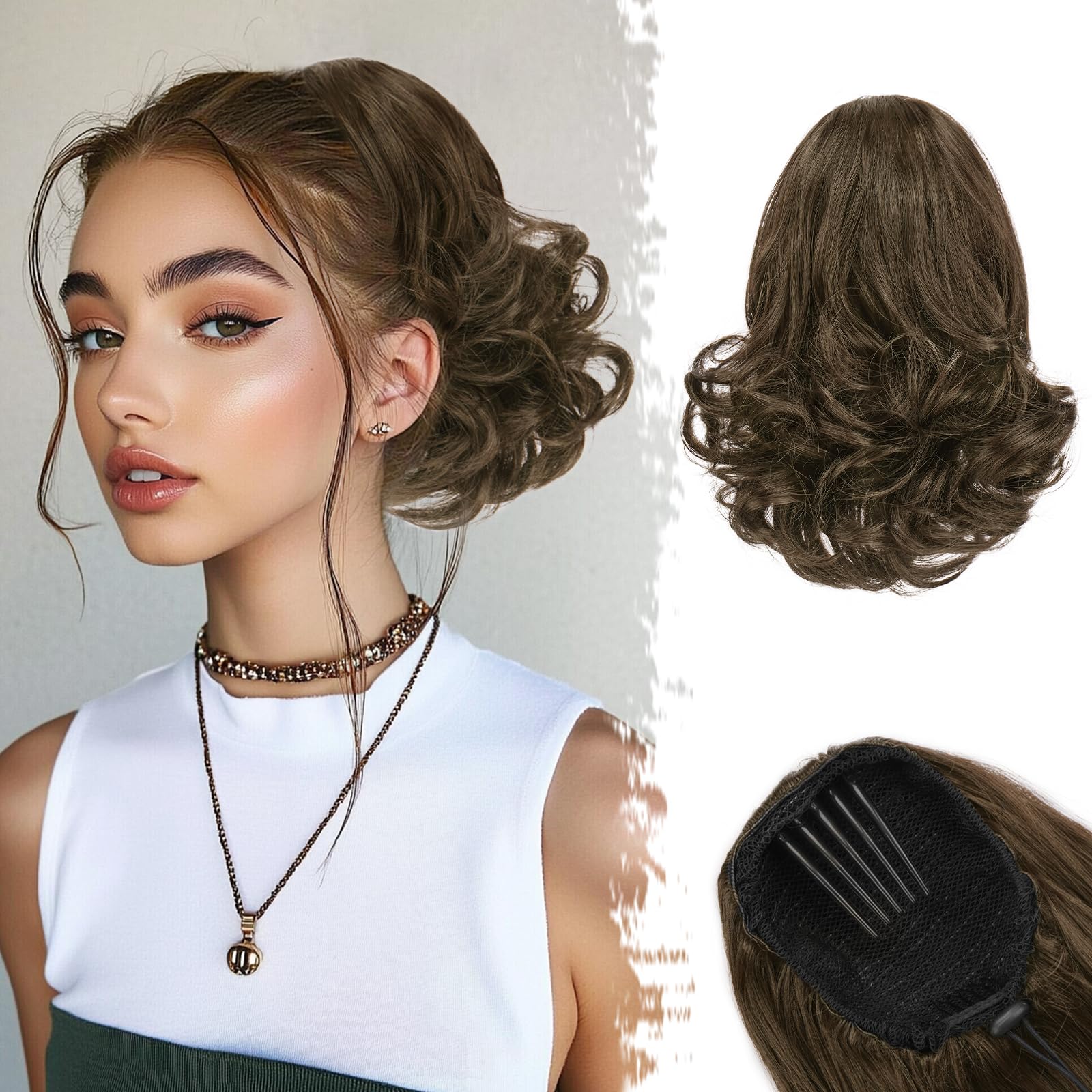 BARSDAR Drawstring Ponytail Extension, 10 Inch Short Wavy Medium Brown Ponytail Extensions for Women Synthetic Comb Clip in Hairpieces Fake Pony Tails Daily - Medium Brown Mixed