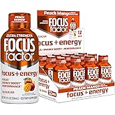 Focus Factor Extra Strength Focus + Energy Shots - 12 x 2oz Bottles (Peach Mango Flavor) - Powered by Nootropics with Caffeine, L-Theanine, Ginkgo, Bacopa, L-Tyrosine, Alpha GPC