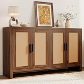 Mericonia Rattan Buffet Cabinet with Storage, Sideboard Cabinet with Doors and Adjustable Shelves, Farmhouse Coffee Bar Station Table, Modern Wood Cupboard for Kitchen, Livingroom, Walnut