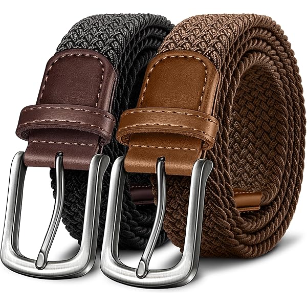 LEACOOLKEY 2 Pack Stretch Belts for Men Elastic Woven Braided Belt