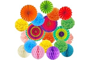 Recosis Hanging Paper Fans Tissue Paper Pom Poms Flower and Honeycomb Balls for Birthday Party Wedding Festival Christmas Decorations - Colorful