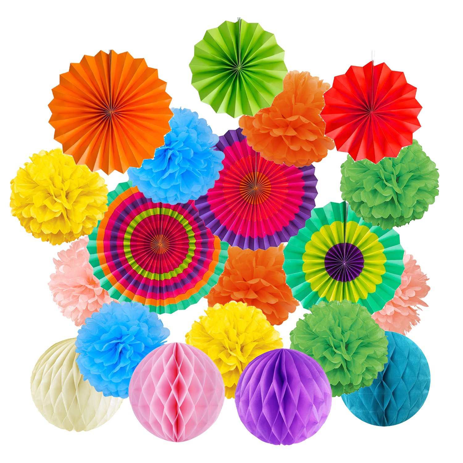 ZERODECO Multicolor Party Decorations, Hanging Paper Fans Tissue Paper Pom Poms Flower and Honeycomb Balls for Birthday Party Wedding Festival Christmas Decorations โ image 1