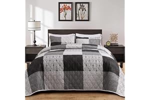 BALAPET Oversized King 128x120 Bedspread for California King Bed, Patchwork Plaid Grey Black Coverlet Set with 2 Matching Shams, Soft Lightweight Quilted Bedding Set for All Season