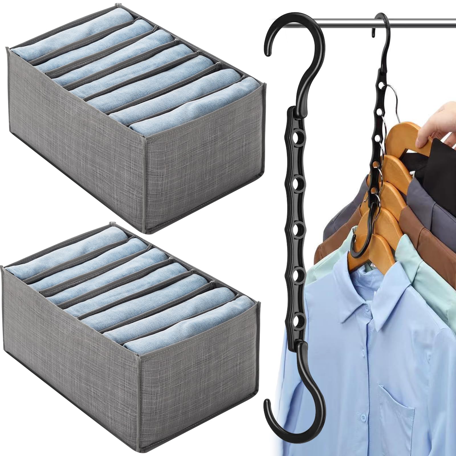 BDSHUNBF 2 Pack Clothes Drawer Organisers, Hanger Hook, 7 Grids Foldable Drawer Dividers, Wardrobe Storage Organizer, Foldable Storage Boxes