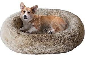 Cozzze Orthopedic Calming Dog Bed for Large Dogs, Anti Anxiety Pet Bed with Supportive Foam, Removable Washable Oval Bed, Fluffy Dog Cuddle Bed, Beige
