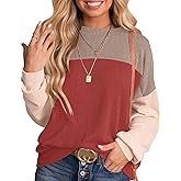 Ivicoer Womens Color Block Pullover Shirts Ribbed Long Sleeve Tops Fall Casual Loose Sweatshirts Fashion