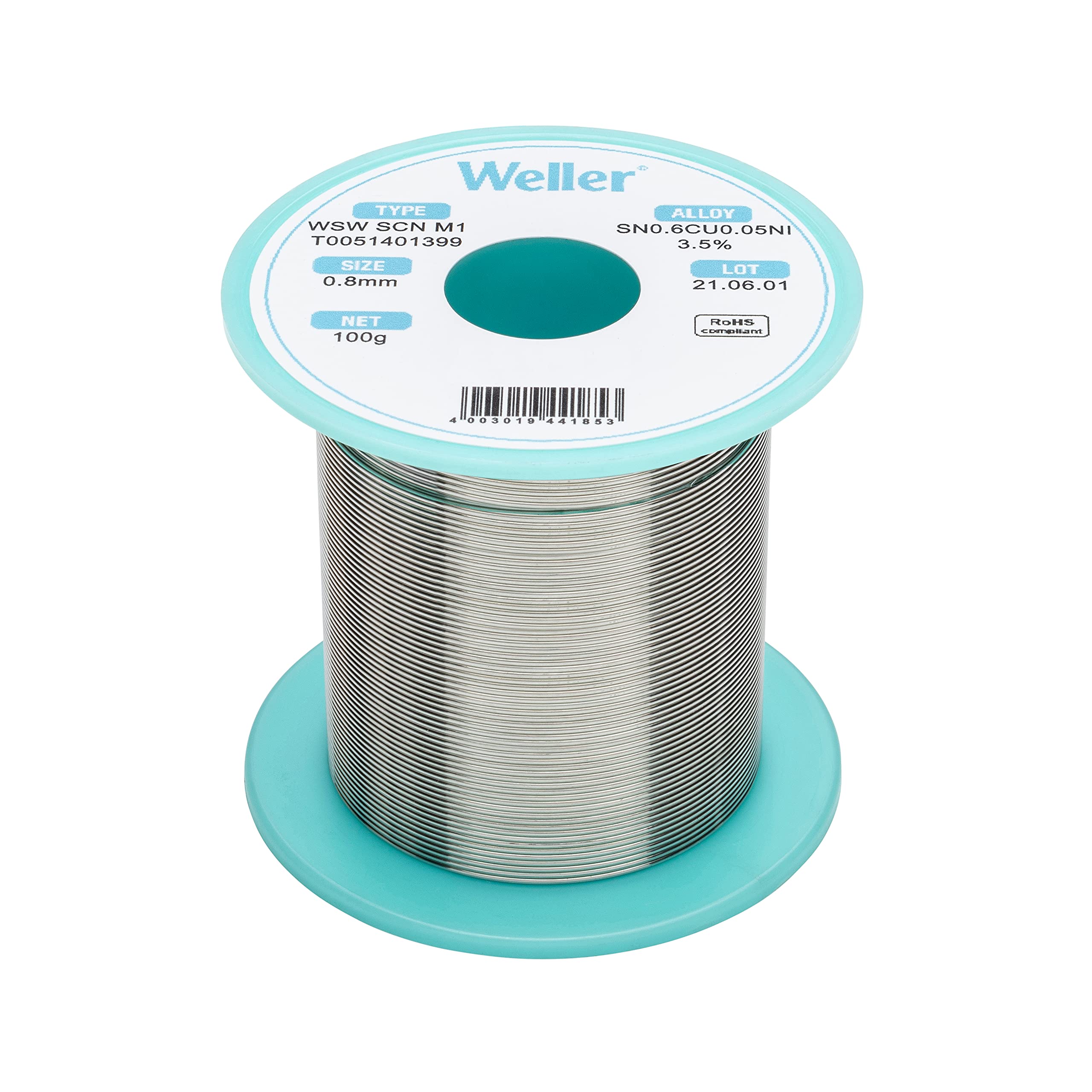 Weller WSW SCN M1 (T0051401399) Lead Free Solder Wire, Ø 0.8mm, Alloy Sn99.3Cu0.6Ni0.05, Flux Content 3.5%, 100g