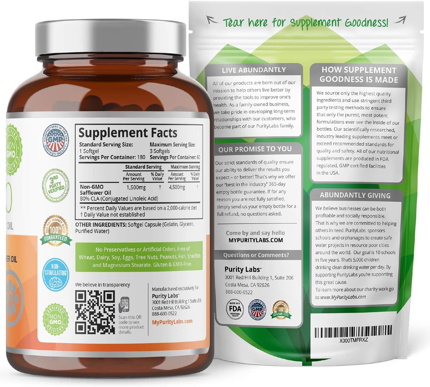 Purity Labs CLA 4,500MG Safflower Oil Number One Weight Loss Fat Burner Supplement 180 Softgels Non-GMO & Gluten Free Conjugated Linoleic Acid Pills Belly Fat Burner: Health & Personal Care