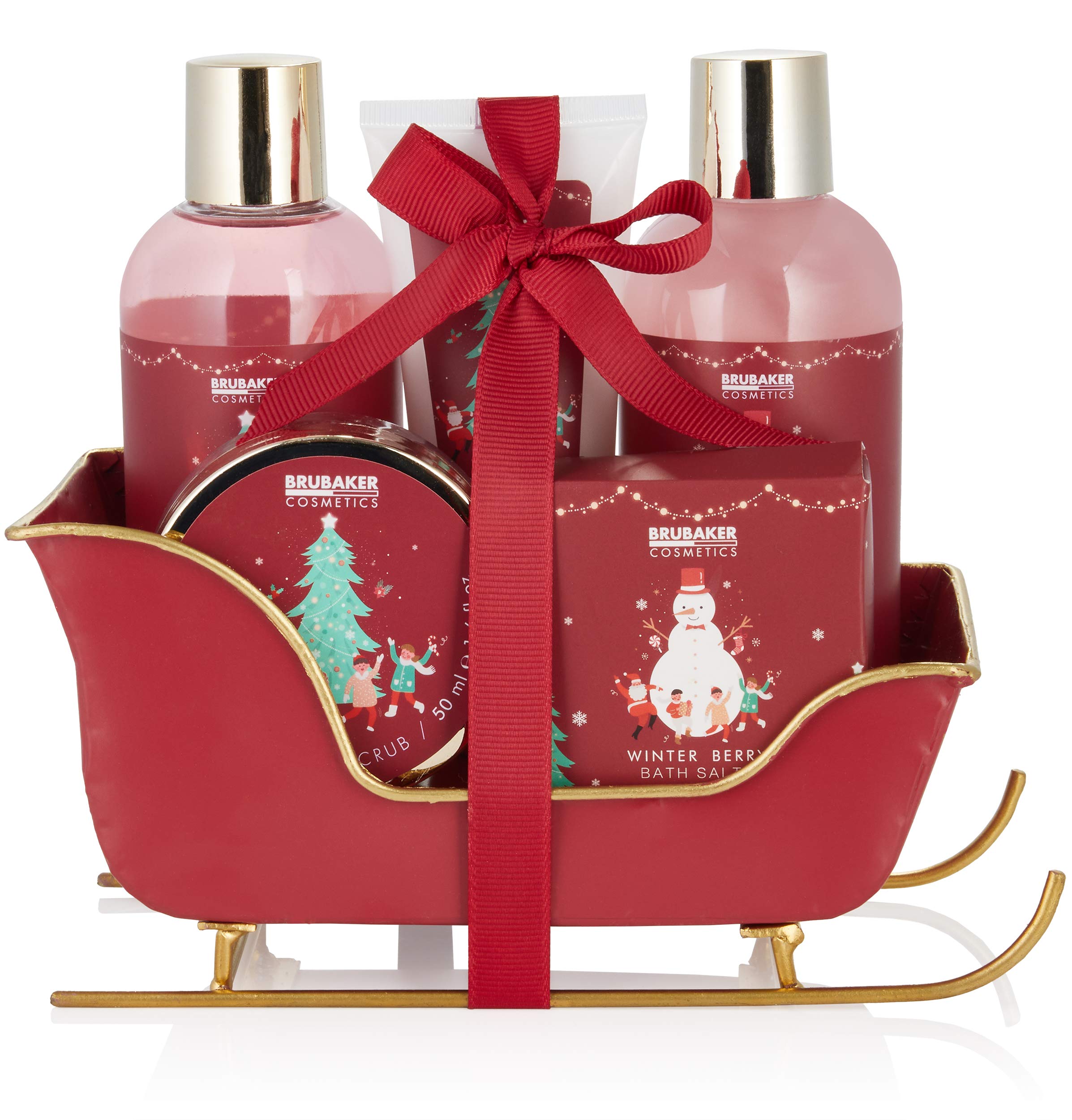 BRUBAKER Cosmetics Bath and Shower Set Winter Berry Fragrance - 6-Piece Gift Set and a Sleigh Christmas - Christmas Set for Women and Men