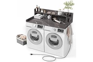 ZYKZYK Upgraded 2-Tier Washer and Dryer Countertop with Power Outlet,54" W x 27.6" D Large Laundry Countertop for Fold Clothes, Laundry Topper with Non-Slip Pads & Metal Hooks and Storage Basket