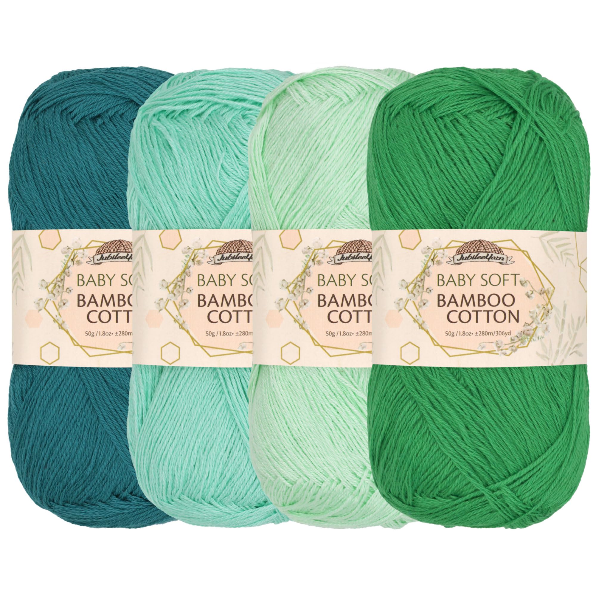 JubileeYarn Baby Soft Bamboo Cotton Yarn - 50g/Skein - Shades of Green - 4 Skeins