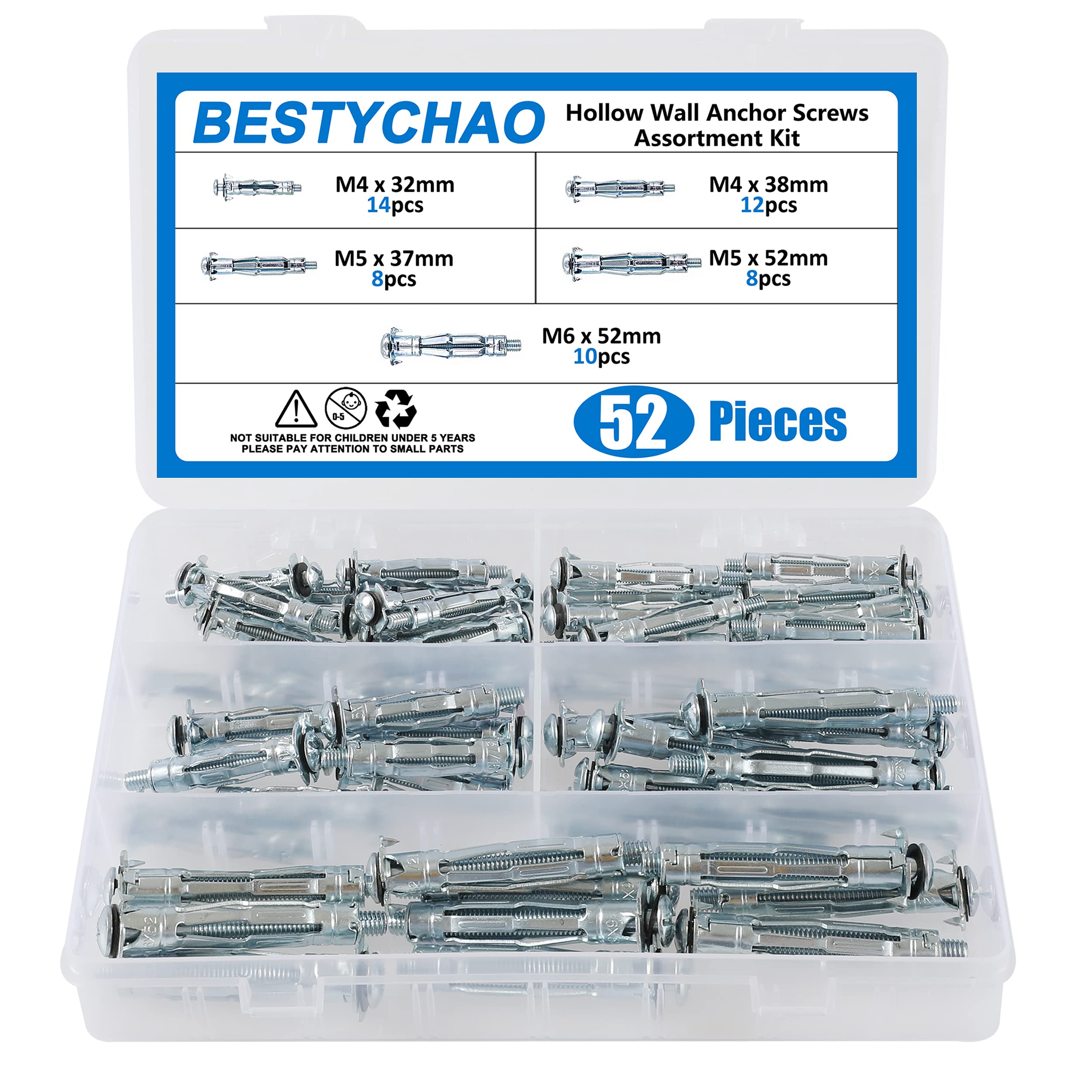 BESTYCHAO 52pcs Heavy Duty Zinc Plated Steel Hollow Wall Anchor Screws Set, Molly Bolt Hollow Drive for Drywall M4 M5 M6 Assortment Kit