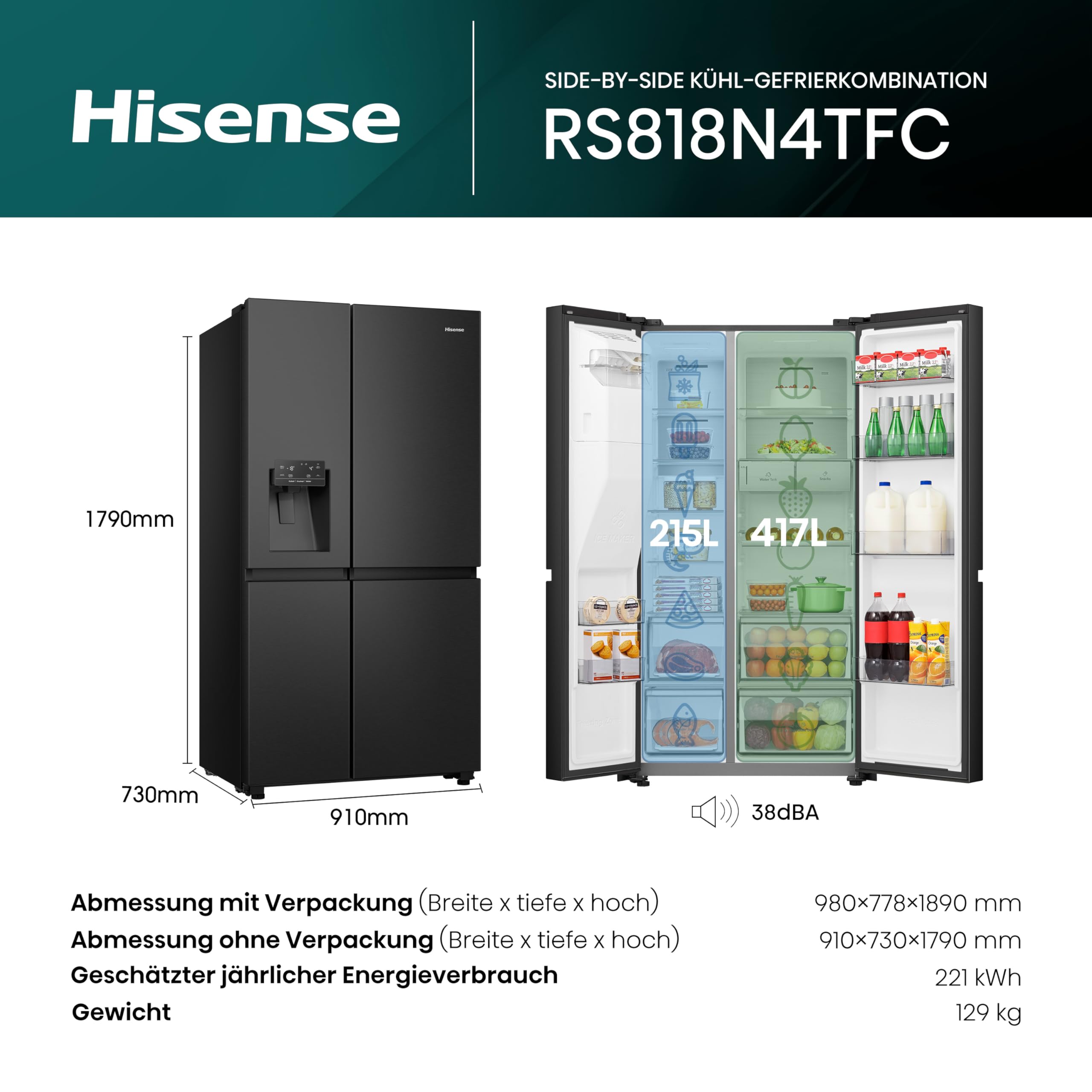 Hisense RS818N4TFC Side by Side – Kühl-Gefrierkombination, EEK C, Eis-Wasserspender, LED Display, Total No Frost, Multi Air Flow, Fast Freeze, schwarz 2
